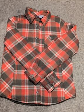 Girls Coral And Olive Puffer Plaid Button-Dow Shacket